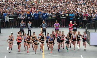 Competitive female racers near the starting line of the 2019 Sun Run on Georgia Street in Vancouver on Sunday, April 14, 2019.