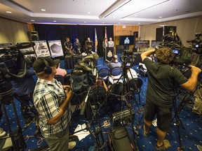 Police display items seized during Project Territory at a media briefing by Vancouver Police in August 2018.