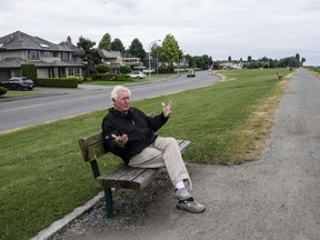 Former mayor of Richmond, Greg Halsey-Brandt, in 2015 on a bench along the dikes near a posh neighbourhood mostly owned by satellite families.