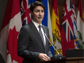 Prime Minister Justin Trudeau speaks to caucus on Parliament Hill in Ottawa, Tuesday April 2, 2019, after he kicked both former attorney general Jody Wilson-Raybould and fellow ex-cabinet minister Jane Philpott out of the Liberal caucus.