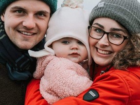 Tom and Kate Haywood with their baby Sophie. Sophie was airlifted to B.C. Children's Hospital in Vancouver after she suffered head injuries at a family daycare in Langford on Vancouver Island on Friday, March 29, 2019.