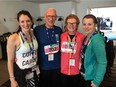 Chatting about their Sun Run experiences over a post-run breakfast are, from the left, Katherine Petrunia, Dr. Doug & Diane Clement — founders of The Vancouver Sun Run, and Sun Run blogger Janette Shearer.