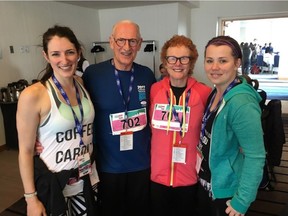 Chatting about their Sun Run experiences this April over a post-run breakfast are, from the left, Katherine Petrunia, Dr. Doug & Diane Clement — founders of The Vancouver Sun Run — and Janette Shearer.