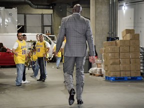 Magic Johnson leaves the building prior to an NBA basketball game between the Lakers and the Portland Trail Blazers on Tuesday, April 9, 2019, in Los Angeles.