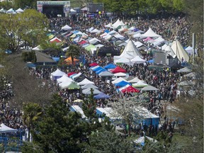 The stage and vendors at the 4/20 celebrations at Sunset Beach,  Vancouver April 20 2019.