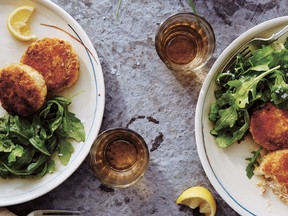 Dungeness Crab Cakes with Arugula and Lemon Vinaigrette, a favourite from chef-owner Tom Douglas of Seattle’s Dahlia Lounge, featured in Seattle Cooks by Julien Perry (Figure 1 Publishing).