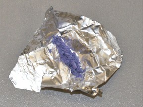 Even a few grains of this purple fentanyl could cause a fatal overdose. (Photo from Timmins Police Service)
