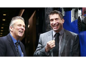 Rick Celebrini, right, left his position as director of rehabilitation with the Vancouver Canucks to join the Golden State Warriors of the NBA. Celebrini is shown with Canucks team physician Jim Bovard.