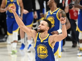 Stephen Curry #30 of the Golden State Warriors celebrates defeating the Portland Trail Blazers 119-117 during overtime in game four of the NBA Western Conference Finals to advance to the 2019 NBA Finals at Moda Center on May 20, 2019 in Portland, Oregon.