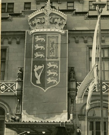 May 26, 1939: Decorations for the Royal Tour that came to Vancouver on May 29, 1939. This looks like the front of the Hotel Vancouver.