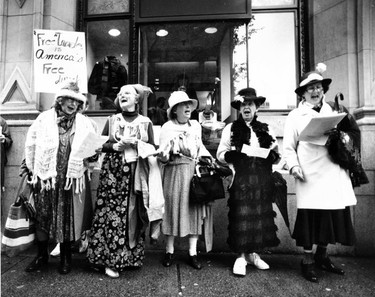 The Raging Grannies were among 150 protesters against the Canada-U.S. free-trade agreement outside the Hotel Vancouver, where Finance Minister Michael Wilson was speaking on October 19, 1989.