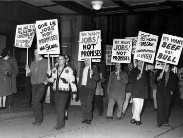 Picketers demand jobs in front of the Hotel Vancouver, where federal Labour Minister Michael Starr addressed the annual meeting of the Vancouver Board of Trade on January 27, 1961.