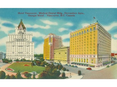 Postcard of the Hotel Vancouver, Medical Dental Bldg., Devonshire Apts., and the Georgia Hotel in Vancouver, 1940s.