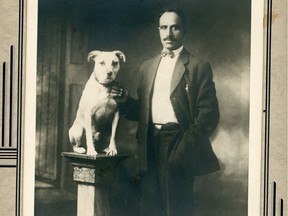 Detail of photograph showing Ishar Singh Gill and his dog King by Yucho Chow. From the Nirmal Gill family.