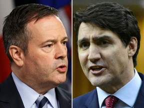 A combined image of Alberta Premier Jason Kenney (L) and Prime Minister Justine Trudeau (R).