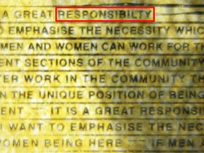 The word "responsibility" is printed with a missing "i" in the Australian $50 note photographed in Sydney, Australia, Thursday, May 9, 2019.