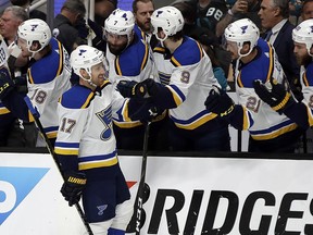 St. Louis Blues' Jaden Schwartz (17) is congratulated after scoring a goal against the San Jose Sharks in the first period in Game 2 of the NHL hockey Stanley Cup Western Conference finals Monday, May 13, 2019, in San Jose, Calif.