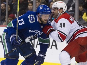 Alexander Edler of the Vancouver Canucks, battling with Carolina Hurricanes' Jordan Martinook here, have a strong season and wants to remain in Vancouver. The NHL team has some concerns.