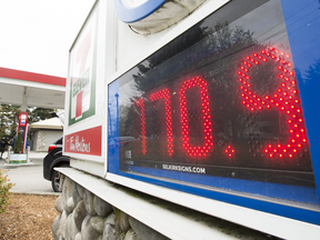 A gas station in North Vancouver on Apr 17, 2019. A new report says Alberta and B.C. are paying the highest carbon taxes in the country.