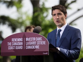 Prime Minister Justin Trudeau speaks after announcing the government plans to build up to 18 new coast guard ships, in Vancouver, on Wednesday May 22, 2019.