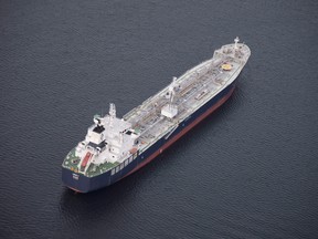 A tanker is anchored in Burrard Inlet just outside of Burnaby, B.C.