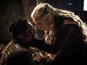 This image released by HBO shows Kit Harington, left, and Emilia Clarke in a scene from "Game of Thrones," that aired Sunday, May 5, 2019. In the third to last episode of HBOís ìGame of Thrones,î Mother of Dragons Daenerys Targaryen is suffering from a crisis of confidence. She is short on troops and dragons, short on strategies and short on friends. And her claim to the Iron Throne has weakened upon learning that Jon Snow, in fact, shares her royal Targaryen blood. (Helen Sloan/HBO via AP) ORG XMIT: NYJK106