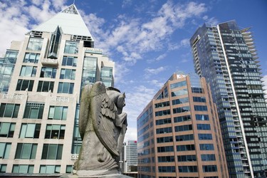 A winged horse Gargoyle on the roof of the Hotel Vancouver facing W. Georgia.