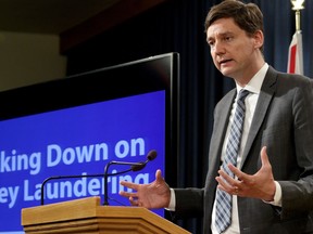 B.C. Attorney General David Eby talks about the details found in a recent report done by an expert panel about billions in money laundering in the province during a press conference at Legislature in Victoria, B.C., on Thursday, May 9, 2019.
