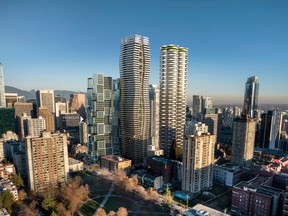 The proposal for a 60-storey building at 1075 Nelson in Vancouver is one of four towers in its block — to the north are two towers by Bosa and to the east is Westbank's Butterfly building. The wavy building was designed by British architect Tom Wright.