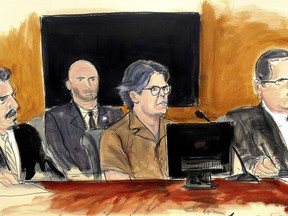 FILE - In this April 13, 2018 courtroom sketch, Keith Raniere, center, leader of the secretive group NXIVM, attends a hearing at court in the Brooklyn borough of New York. A New York City jury is set to hear opening statements and testimony at the sex-trafficking case against a self-help guru. The trial beginning Tuesday, May 7, 2019, is expected to feature testimony from women who claim that they were forced to have sex with Raniere.