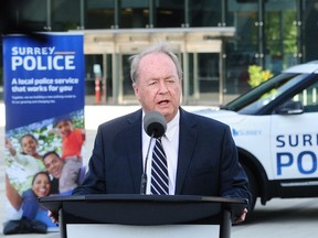 Mayor Doug McCallum with a prototype of a new Surrey Police vehicle after presenting his State Of The City address at Surrey City Hall in Surrey, BC., May 6, 2019.