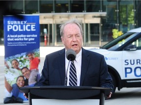 Mayor Doug McCallum with a prototype of a new Surrey Police vehicle after presenting his State Of The City address at Surrey City Hall on May 6, 2019.