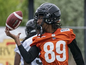 B.C. Lions receiver Duron Carter catches pass at training camp in Kamloops on Monday. Photo: Richard Lam, Postmedia