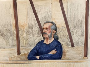 Oscar Arfmann is shown in this courtroom sketch in New Westminster, B.C. The man charged with first-degree murder in the shooting death of an Abbotsford police officer has pleaded not guilty.