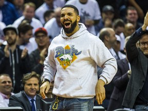 Drake cheers on the Toronto Raptors during 2nd half Game 6 Eastern Conference playoff action against Philadelphia 76ers at the Scotiabank Arena  in Toronto, Ont. on Tuesday May 7, 2019.