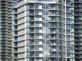 Condo towers line the north shore of False Creek, Vancouver on May 09 2019.