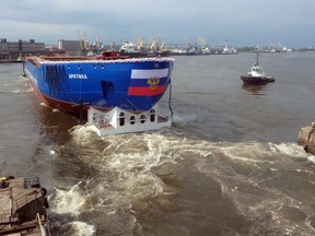 The new Russian nuclear-powered icebreaker Arktika (Arctic) launches in St. Petersburg, Russia, Thursday, June 16, 2016. Russia has been modernizing its icebreaker fleet as part of its efforts to strengthen its Arctic presence.