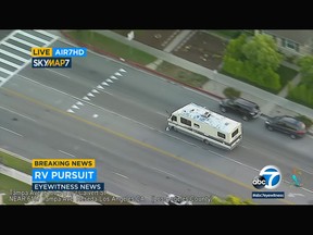 In this in this KABC-TV video screengrab, a stolen RV is seen during a high-speed chase with California Highway Patrol in Los Angeles on Tuesday, May 20, 2019.