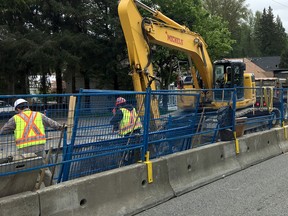 Coquitlam mayor Richard Stewart says FortisBC work underway along Como Lake Avenue has resulted in "localized settlement," which he describes as a "sinkhole".