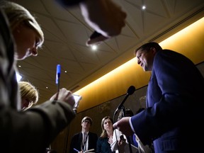 Conservative leader Andrew Scheer speaks to reporters following a caucus meeting on Parliament Hill in Ottawa on Wednesday, May 15, 2019.