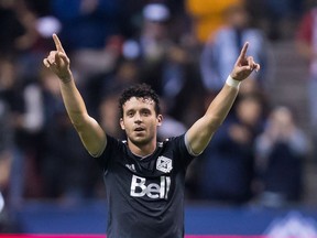 Vancouver Whitecaps midfielder Felipe Martins celebrates after scoring against Sporting Kansas City in an October 2018 MLS game at B.C. Place Stadium.