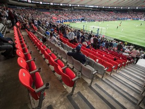 Numerous seats sit empty after Vancouver Whitecaps fans left their seats during an in-game walkout protest to show support for members of the 2008 women's Whitecaps and under-20 Canadian national team who have alleged abuse by a former coach who ran both teams, as the Whitecaps play the Philadelphia Union during the first half of an MLS soccer match in Vancouver, on Saturday April 27, 2019.