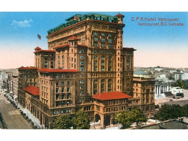 A vintage postcard depicts the second Hotel Vancouver, located at the corner of West Georgia and Howe streets.
