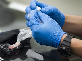 File photo: A Transit Police officer looks over drugs seized from a man arrested for possession for the purpose of trafficking.