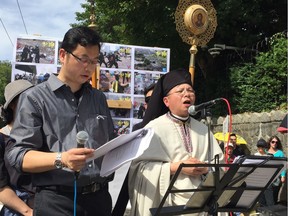 Father Richard Soo speaks at the Sunday prayer rally for Hong Kong. He's a priest at the Richmond Eastern Catholic Church, a church in the Byzantine tradition.