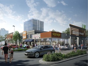 Rendering of the latest Kelowna project Landmark District, showing District Market in the foreground with a couple of Landmark buildings in the background. Provided by Al Stober Construction.