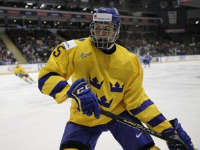 Philip Broberg of Sweden in action against Finland at the world juniors in Victoria last December.