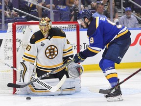 Boston Bruins goaltender Tuukka Rask makes a save against St. Louis Blues left wing Sammy Blais in the third period in Game 3 of the 2019 Stanley Cup Final at Enterprise Center. (Jeff Curry-USA TODAY Sports)
