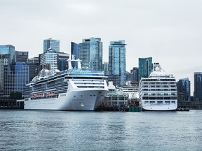 Two cruise ships at Canada Place terminal in downtown Vancouver in  2017.