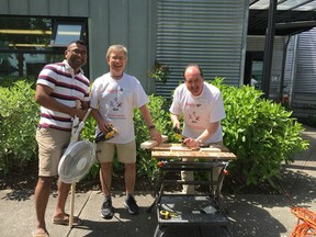 John Joseph brought his broken fan to the Port Coquitlam Repair Cafe on Saturday, where volunteers Aaron Rahn and Greg Archibald made a new stand for it.
